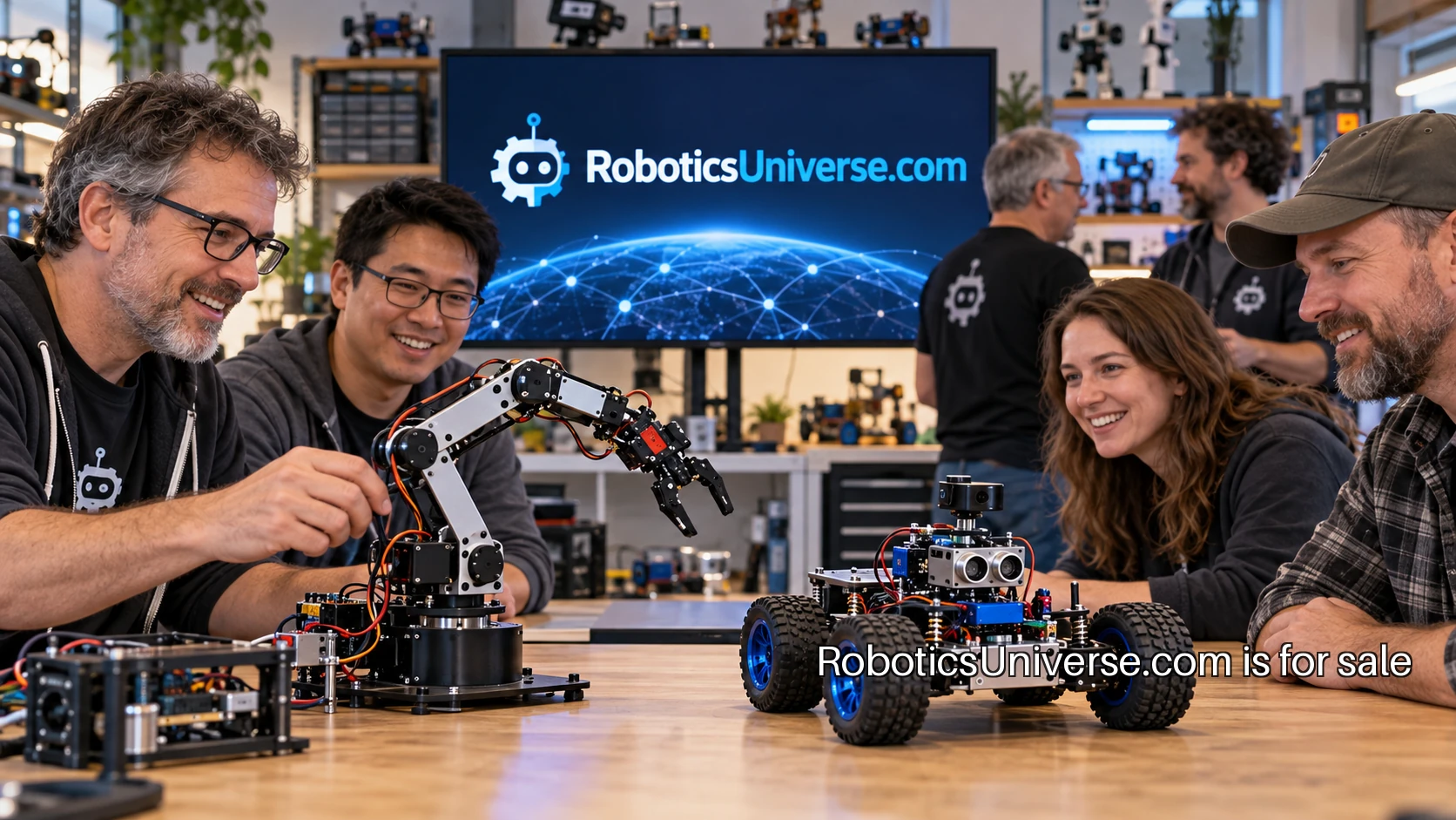 Adult robotics builders sharing working projects at a demonstration table