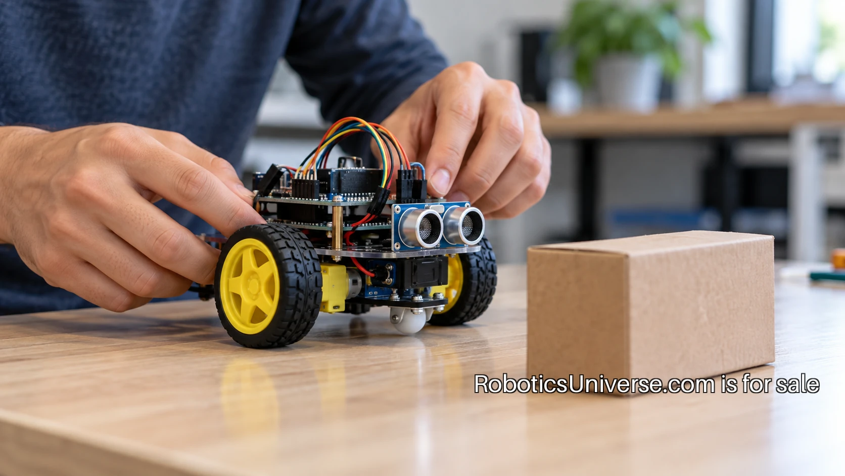 An adult robotics builder testing a small sensor-based tabletop robot